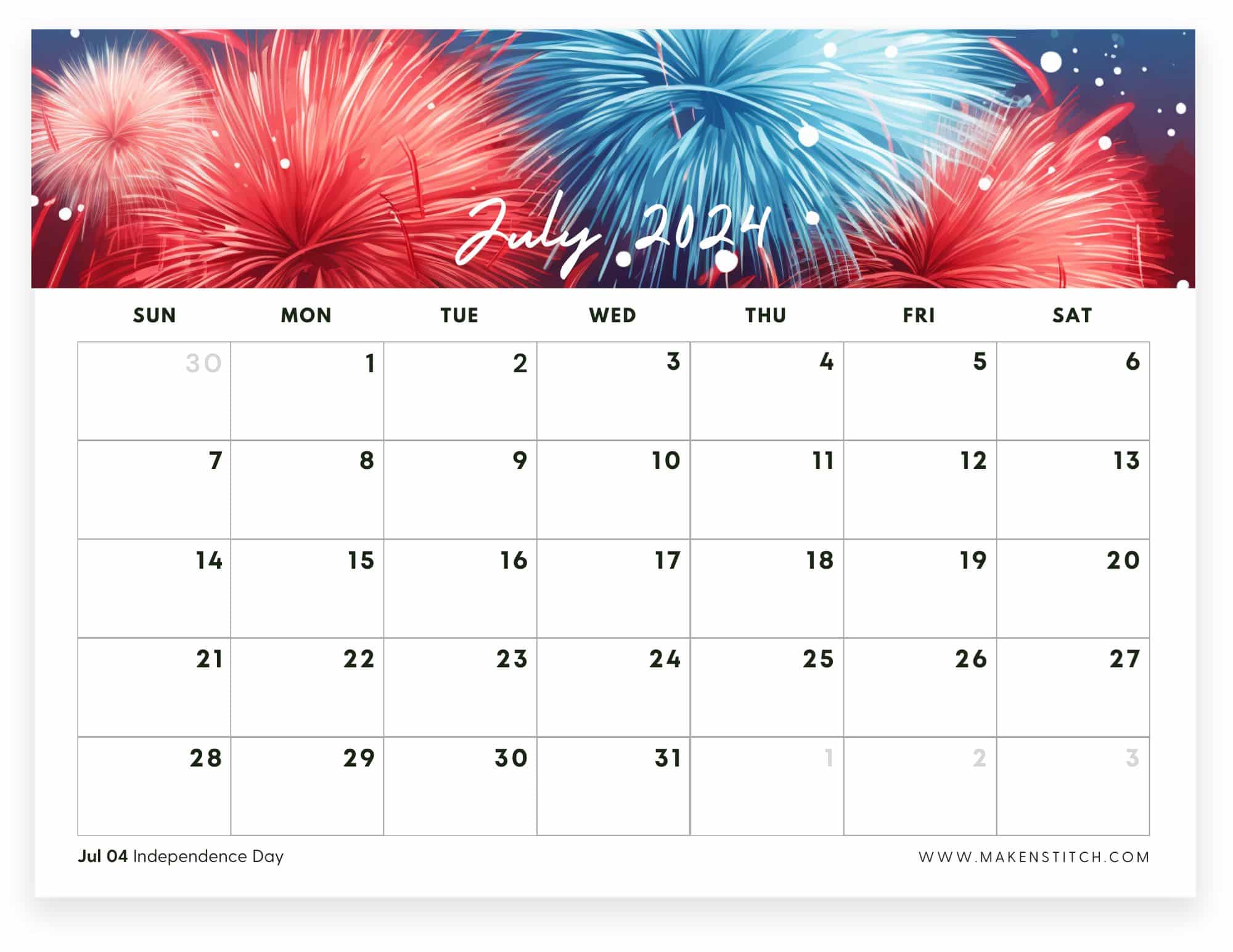 Independence Day July 2024 Calendar